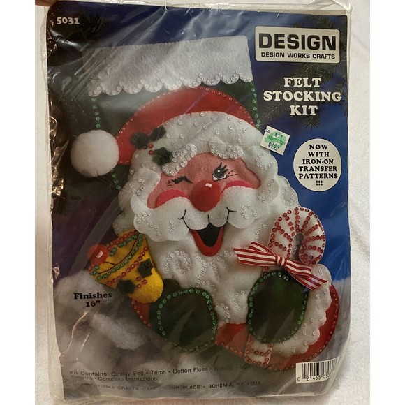 Design Works #5031 Santa Felt Stocking Craft Kit Winking Face Bell Cane NOS Open - Picture 1 of 4